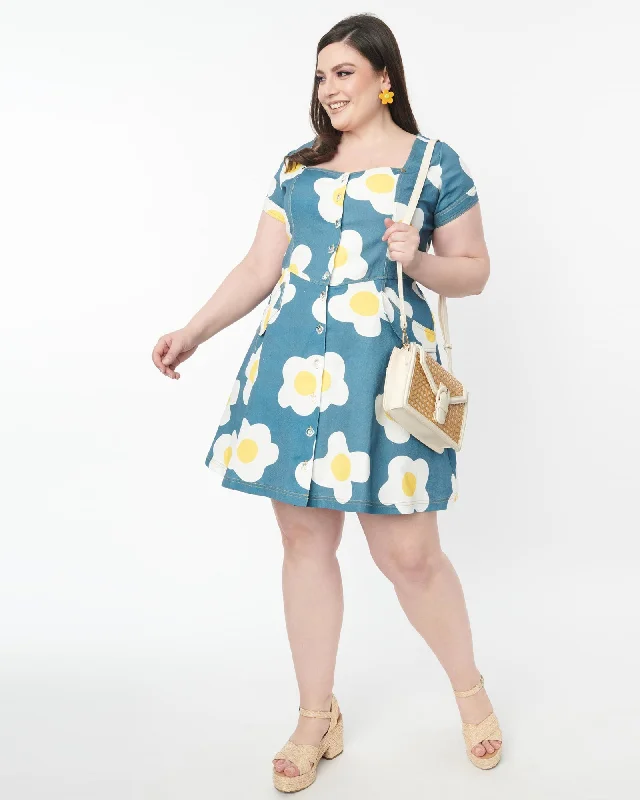 Unique Vintage Plus Size Blue Denim & Egg Flower Print Fit & Flare Dress | Teal/egg print