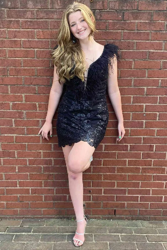 Black Feather Neck Lace Bodycon Homecoming Dress