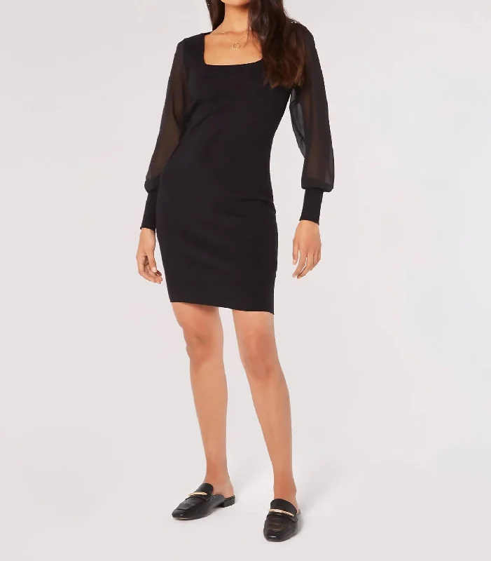 Claire Square Neck Chiffon Sleeve Bodycon Dress In Black