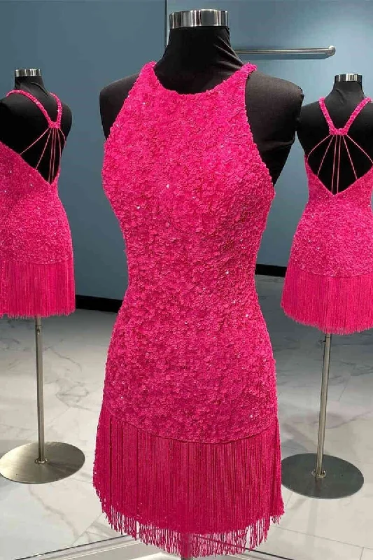 Hot Pink Halter Tight Homecoming Dress with Tassel