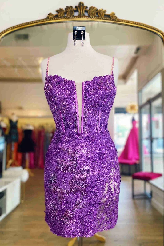 Lilac Sequins Appliqued Bodycon Homecoming Dress with Feather