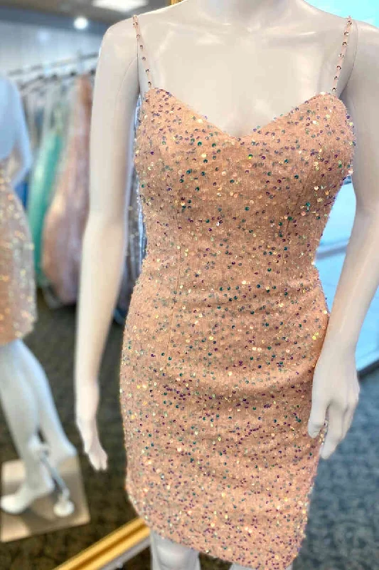 Peach Sequined Tight Homecoming Dress