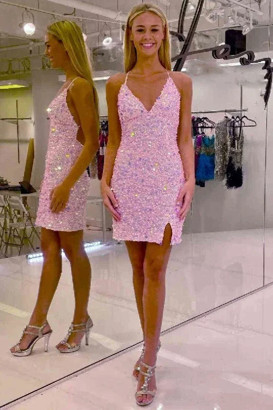 Straps V-Neck Pink Tight Homecoming Dress