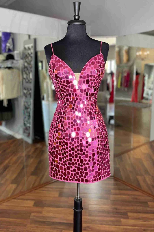 Tight Hot Pink Glass Mirror Sequined Homecoming Dress