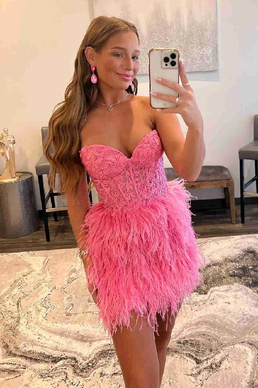 Sweetheart Feather Skirt Hot Pink Tight Homecoming Dress